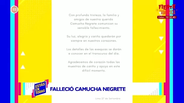Anuncio sobre la muerte de la actriz Camucha Negrete / Captura 