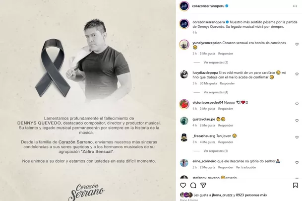 Las condolencias de Corazón Serrano tras la muerte de Dennys Quevedo / Instagram