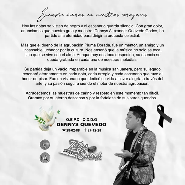 Comunicado sobre la muerte del compositor Dennys Quevedo, líder de la orquesta Zafiro Sensual / Facebook
