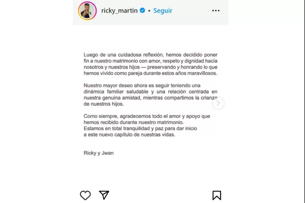 Comunicado de Ricky Martin sobre su divorcio de Jwan Yosef