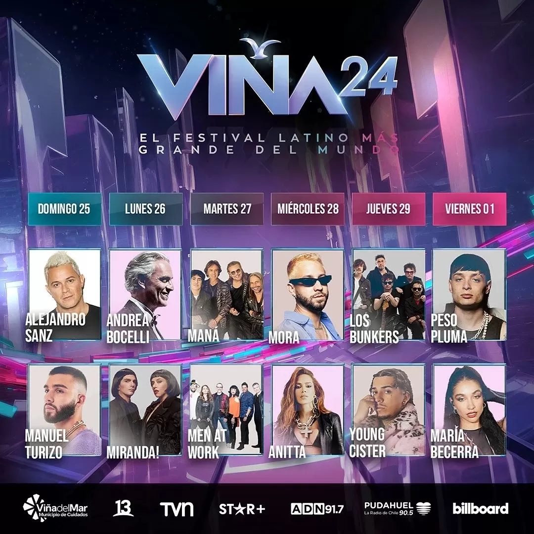 Artistas internacionales que se presentarán en el Festival de Viña del Mar este 2024. Fuente: Instagram