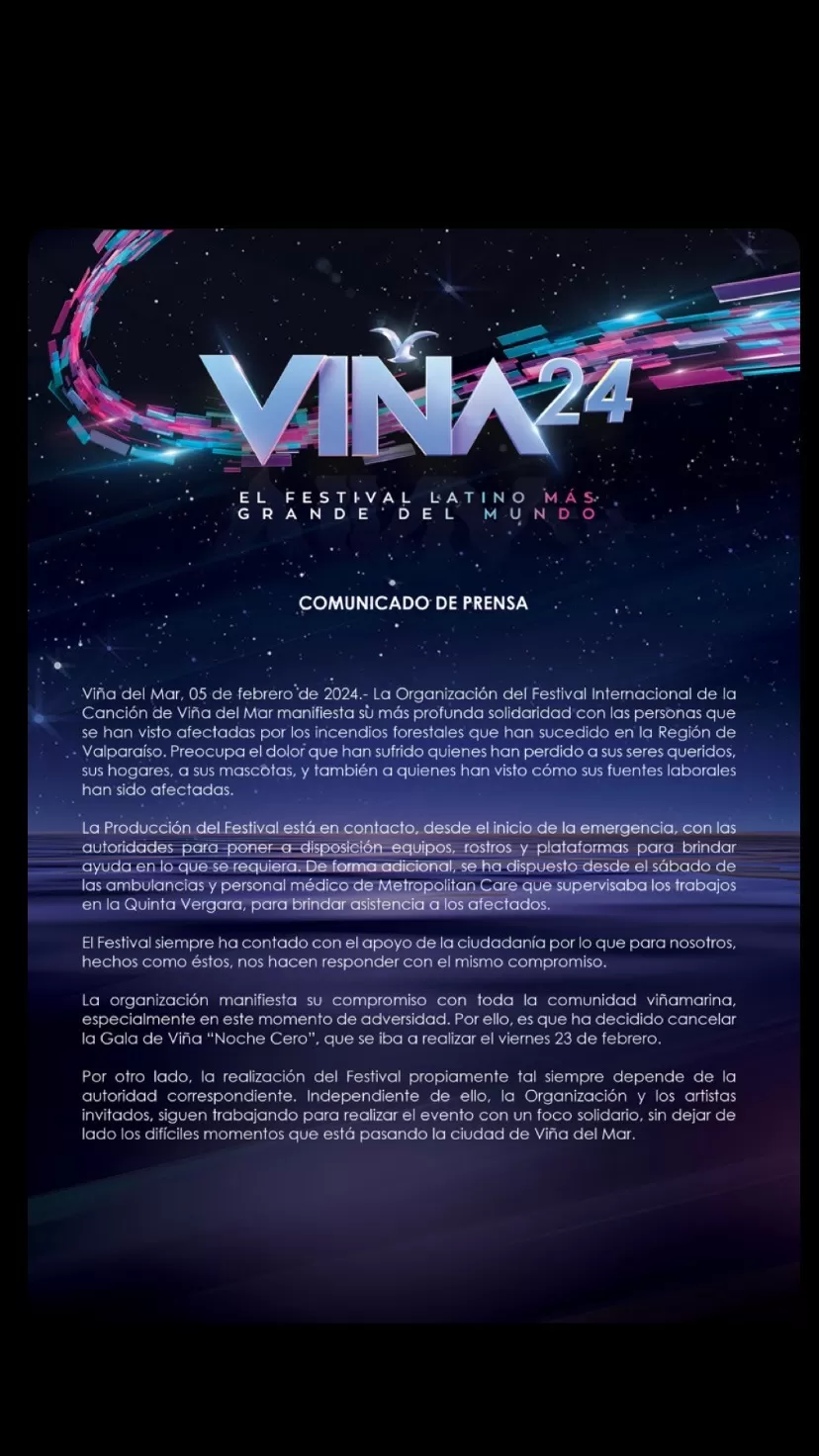 Comunicado cancelación gala inaugural del Festival de Viña del Mar. Fuente: Instagram