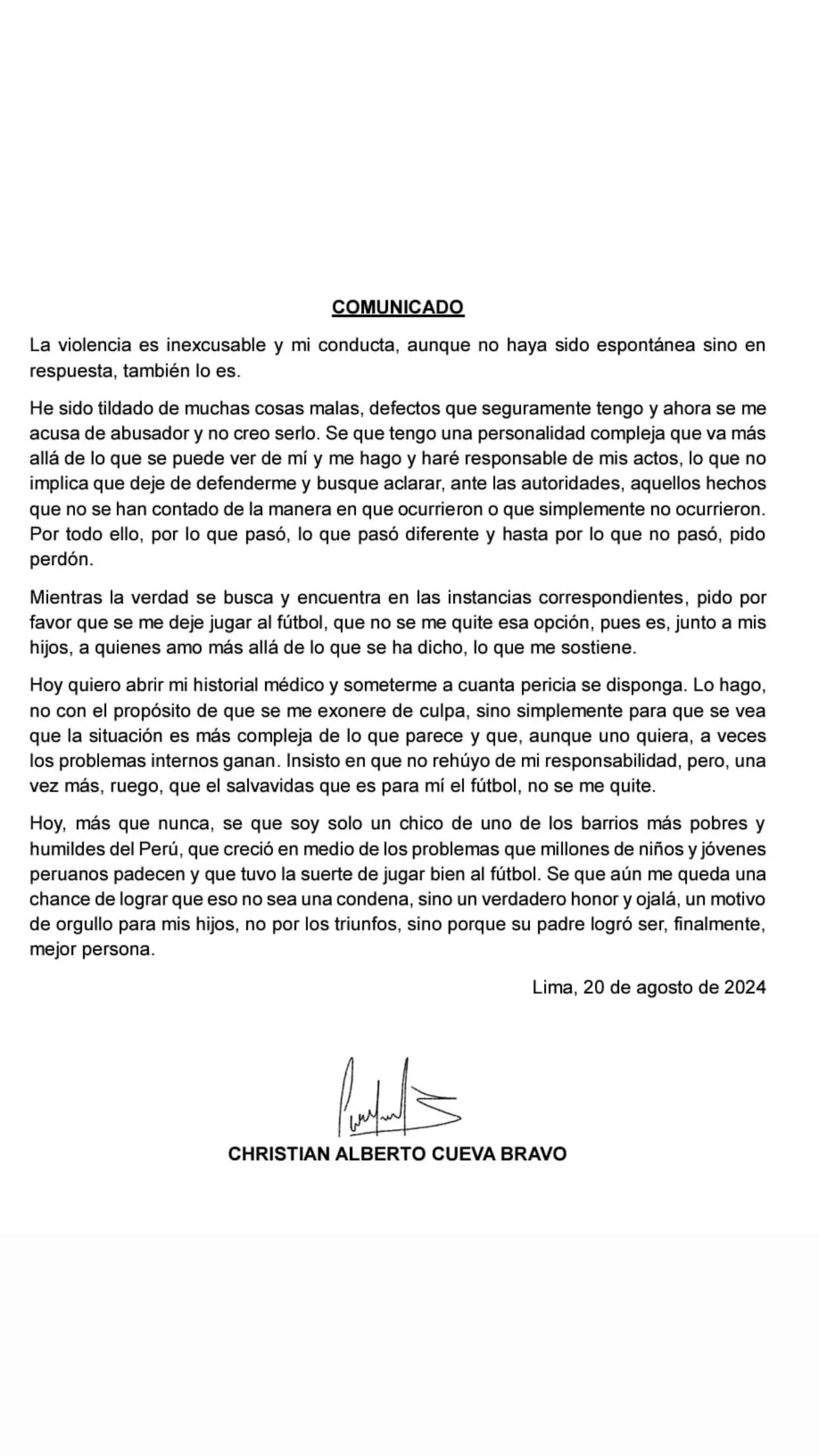 Comunicado de Christian Cueva. Fuente: Instagram