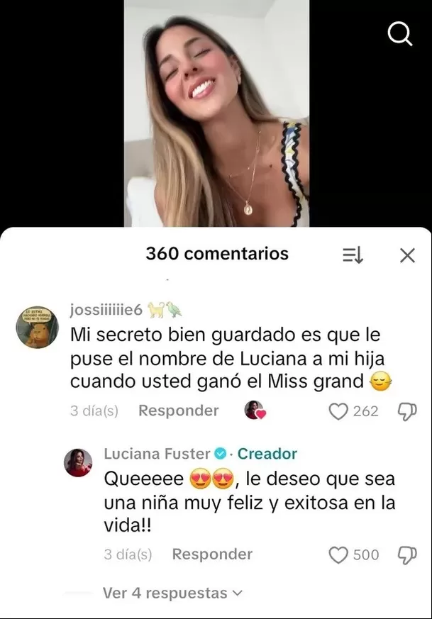 Seguidora confesó a Luciana Fuster que puso su nombre a su hija tras ganar el Miss Grand International 2023 / TikTok Seguidora confesó a Luciana Fuster que puso su nombre a su hija tras ganar el Miss Grand International 2023 / TikTok