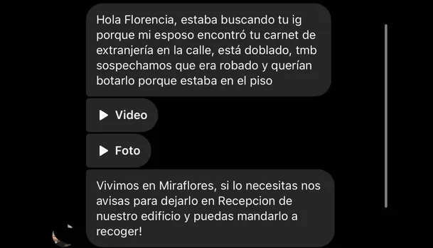Mensaje recibido por Flor de quienes encontraron su documento de identidad / Foto: IG Flor Ortola Mensaje recibido por Flor de quienes encontraron su documento de identidad / Foto: IG Flor Ortola