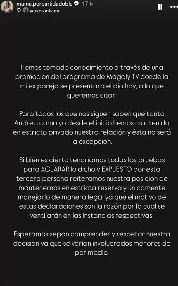 Comunicado de Andrea San Martín y Yerko tras fuerte acusación / Instagram Comunicado de Andrea San Martín y Yerko tras fuerte acusación / Instagram