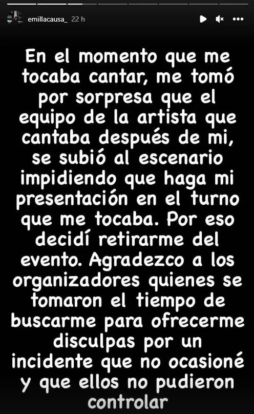 Emilio Jaime dejó claro que fue el staff de Leslie Shaw quienes practicamente lo bajaron del escenario/ Foto: Instagram