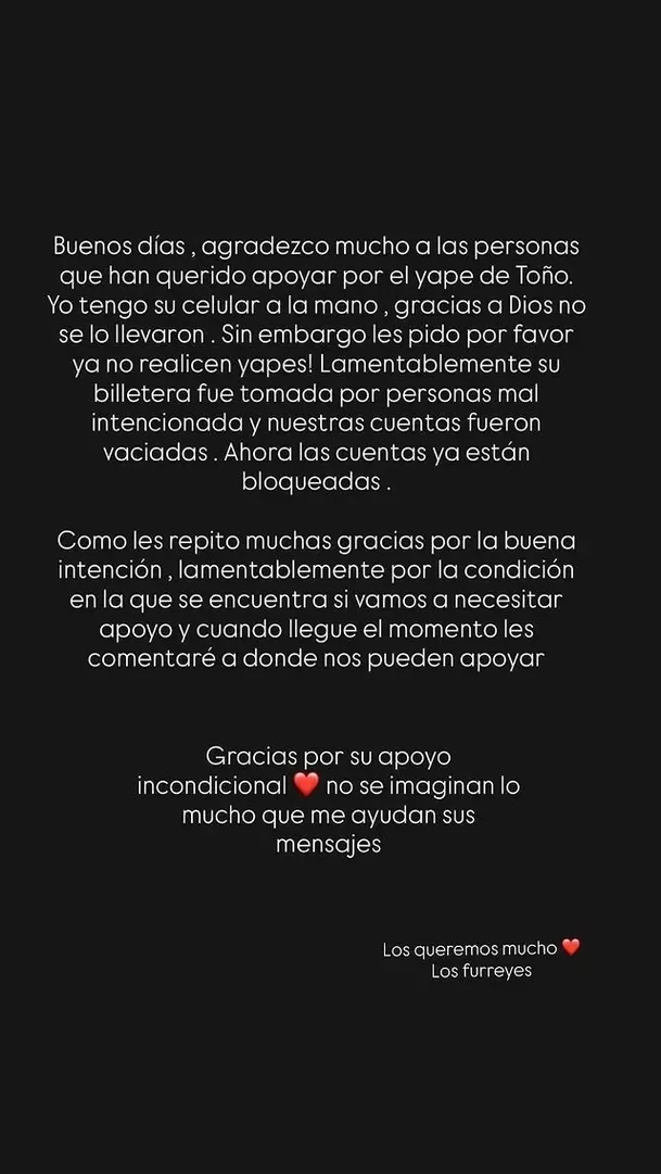 Giselle Minchola, esposa del streamer, confirmó el robo. Fuente: Instagram