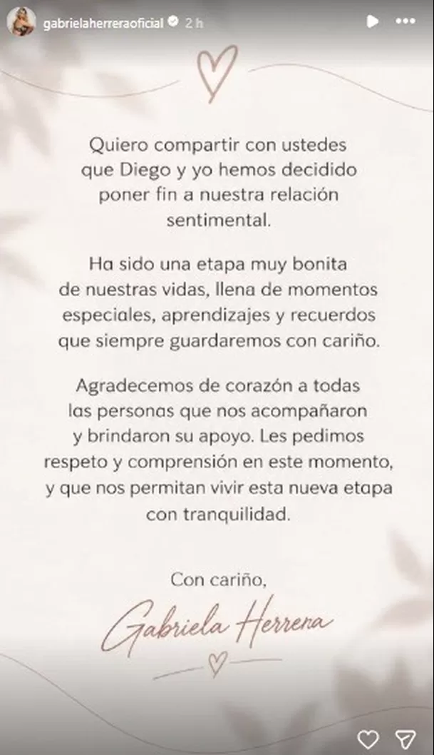 Comunicado de Gabriela Herrera / IG: gabrielaherreraoficial Comunicado de Gabriela Herrera / IG: gabrielaherreraoficial