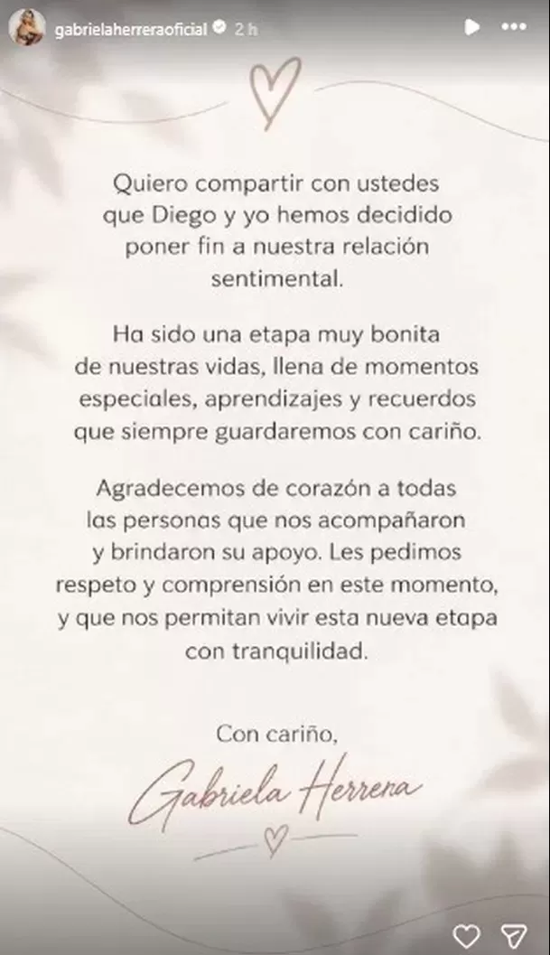 Comunicado de Gabriela Herrera / IG: gabrielaherreraoficial Comunicado de Gabriela Herrera / IG: gabrielaherreraoficial