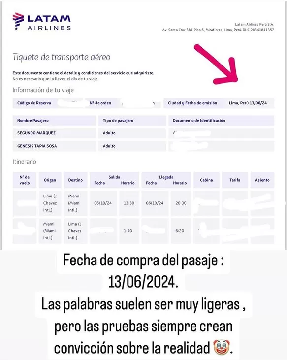 Génesis Tapia mostró pruebas de que el pasaje lo compró con antelación/Foto: Instagram