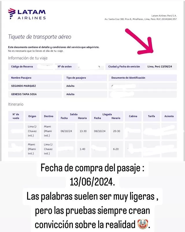 Génesis Tapia mostró pruebas de que el pasaje lo compró con antelación/Foto: Instagram