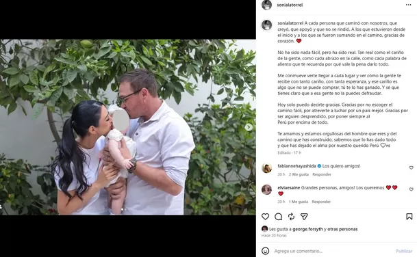 Sonia La Torre agradeció el esfuerzo de George Forsyth en las elecciones 2026 mediante un sentido post en Instagram tras conocerse los primeros resultados. Foto: Instagram