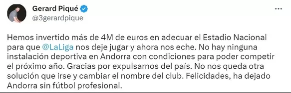 Gerard Piqué y el Andorra FC han sido expulsados del Estadio Nacional de ese país para disputar los partidos de la liga de segunda división y el ex de Shakira desató su furia en redes sociales / Foto: X