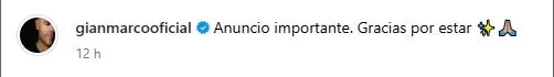 Gian Marco continúa delicado de salud/Foto: Instagram