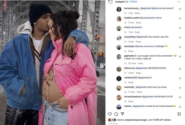 Gigi no tardó en corregir su comentario y señalar que se refiere a Rocky, Rihanna y el bebé,