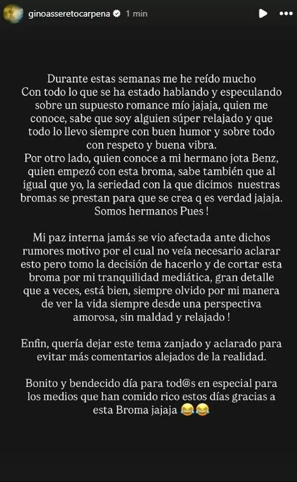 Gino Assereto lanza comunicado por broma de Jota sobre Valentino / Instagram