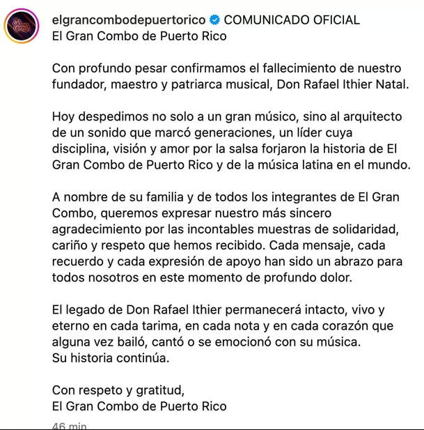 Con palabras de respeto y gratitud, destacaron su rol como patriarca musical, su disciplina y su visión para llevar la salsa a nivel mundial. Foto: Instagram Con palabras de respeto y gratitud, destacaron su rol como patriarca musical, su disciplina y su visión para llevar la salsa a nivel mundial. Foto: Instagram