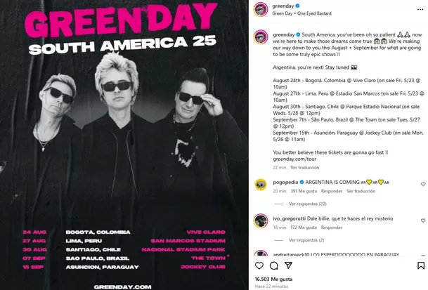 Green Day confirmó concierto en Lima para agosto / Instagram