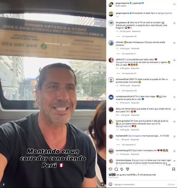 Gregorio Pernía ‘El Titi’ se sube al Corredor Azul y recorre calles de Lima / IG: gregoriopernia Gregorio Pernía ‘El Titi’ se sube al Corredor Azul y recorre calles de Lima / IG: gregoriopernia