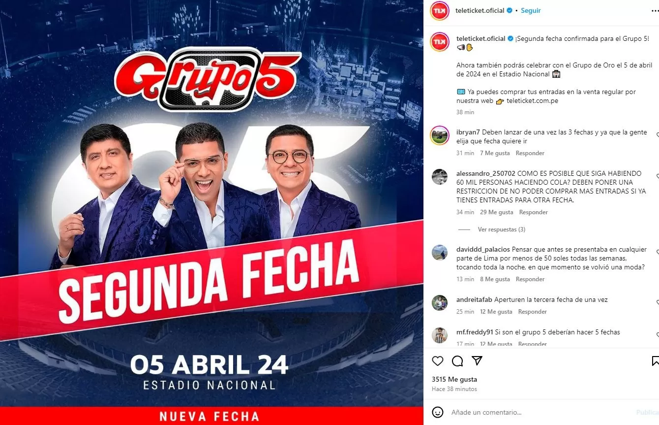 Grupo 5 confirma segunda fecha en el Estadio Nacional