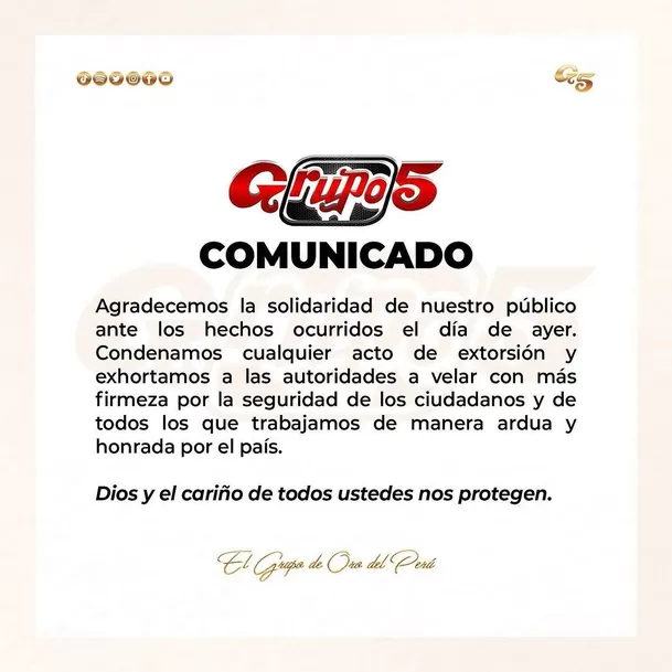 Comunicado del Grupo 5 tras ataque en Los Olivos / Instagram