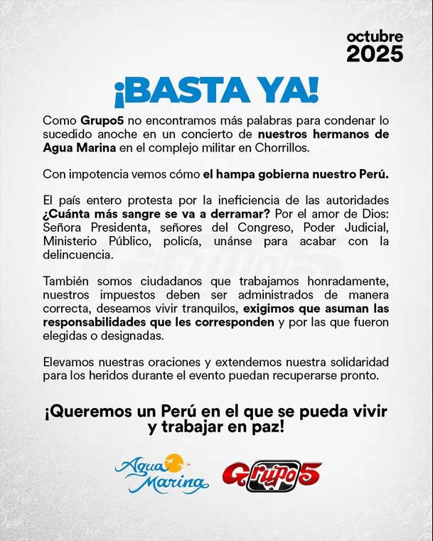 El Grupo 5 no fue ajeno al atentado que sufri Agua Marina la noche del mircoles en Chorrillos / Instagram