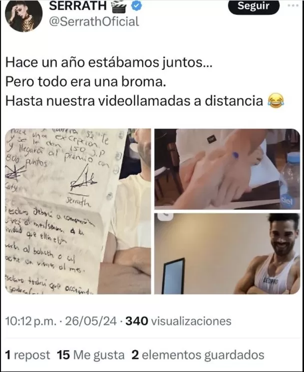 Este es el mensaje de Serrath publicado en X donde mostró las presuntas pruebas de su relación de Guty y que luego eliminó de su cuenta/Foto: X