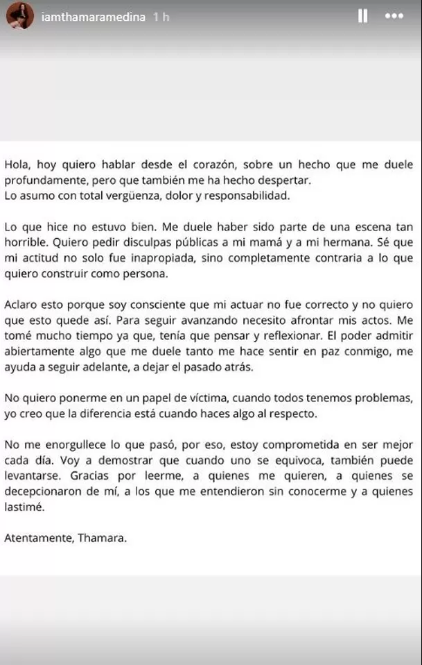 Thamara Medina, hermana menor de Alejandra Baigorria, se disculpa con su madre a cuatro meses de fuerte polémica / Instagram