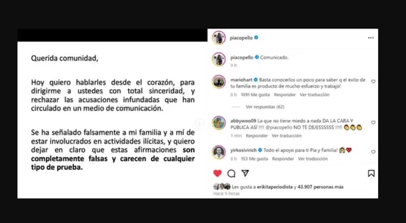 Comunicado oficial de María Pía Copello/Foto: Instagram