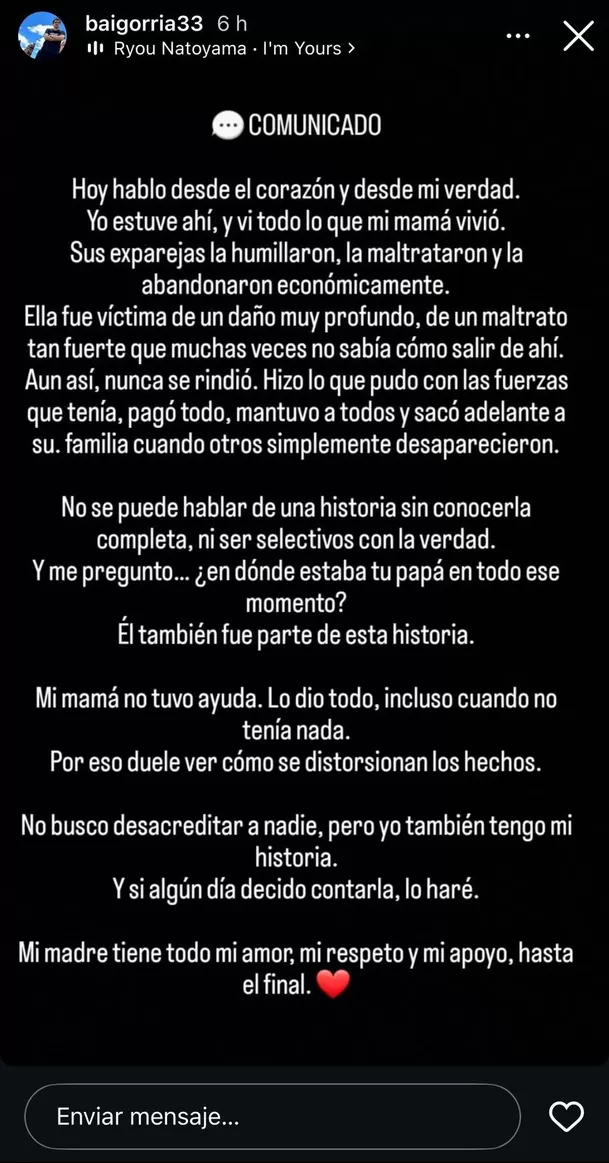 Sergio Baigorria, hermano de Alejandra Baigorria, lanzó comunicado para respaldar a su madre tras carta de Thamara Medina / Instagram Sergio Baigorria, hermano de Alejandra Baigorria, lanzó comunicado para respaldar a su madre tras carta de Thamara Medina / Instagram