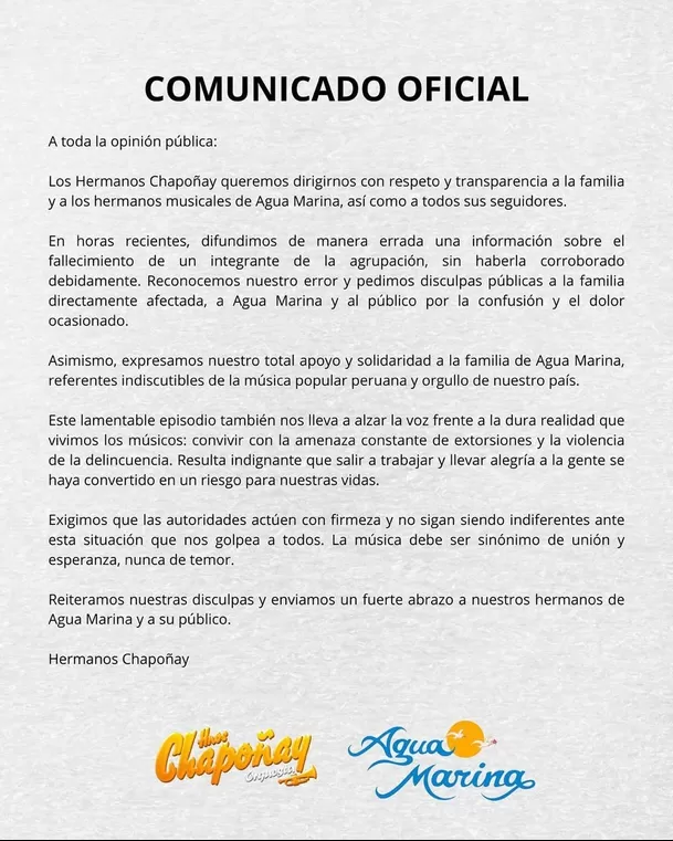 Hermanos Chapoñay se pronuncian tras confusión sobre la muerte de Lucho Quiroga/ Instagram