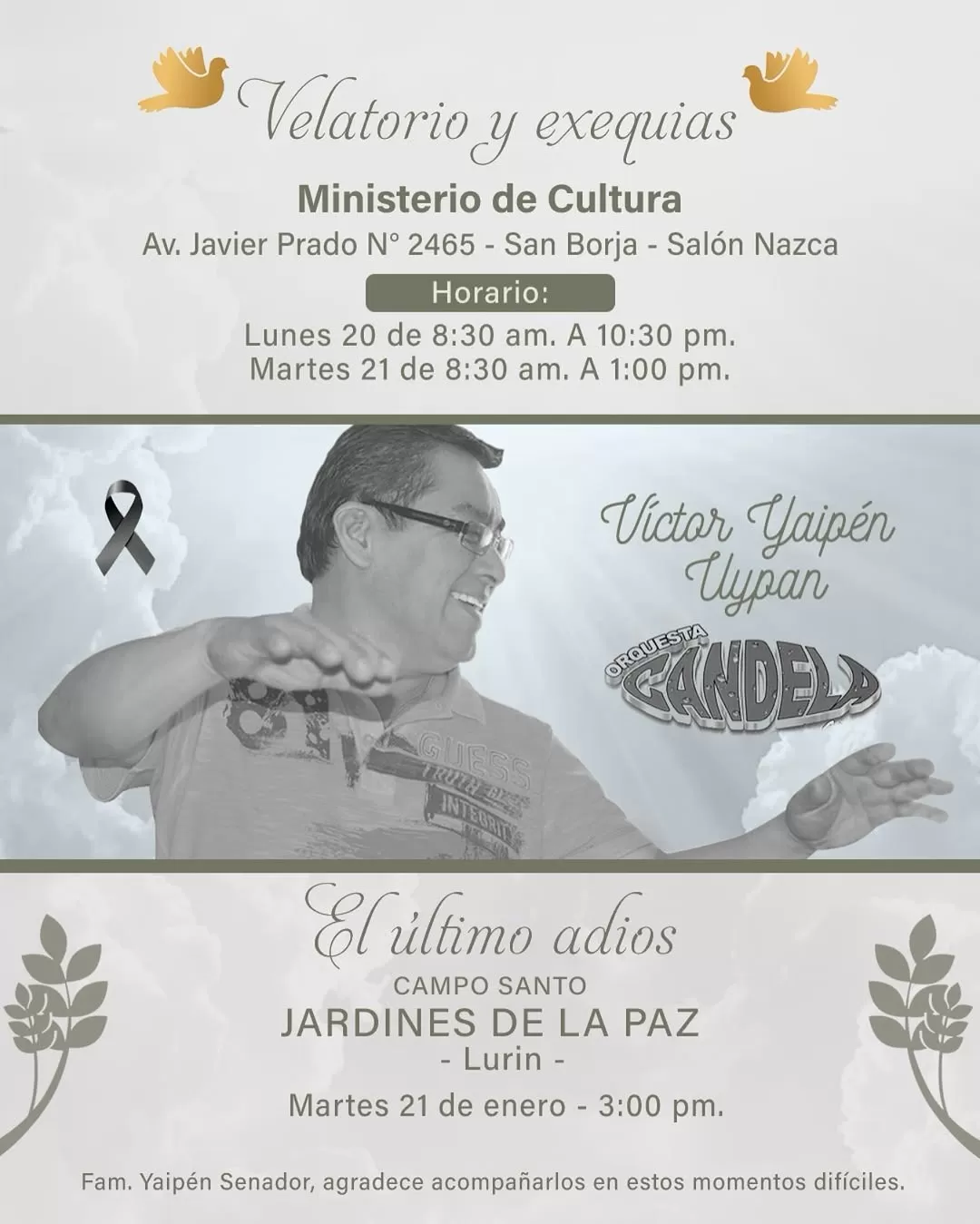Los restos de don Víctor Yaipén serán velados en el Salón Nazca del Ministerio de Cultura / Instagram Los restos de don Víctor Yaipén serán velados en el Salón Nazca del Ministerio de Cultura / Instagram