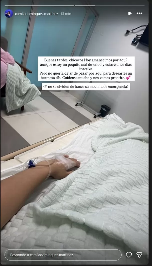 La hija del cantante y Melanie Martínez compartió una fotografía desde una clínica y contó que se encuentra delicada de salud, por lo que deberá permanecer varios días inactiva. También pidió a sus seguidores cuidarse Foto y video: @camiladominguez.martinez La hija del cantante y Melanie Martínez compartió una fotografía desde una clínica y contó que se encuentra delicada de salud, por lo que deberá permanecer varios días inactiva. También pidió a sus seguidores cuidarse Foto y video: @camiladominguez.martinez