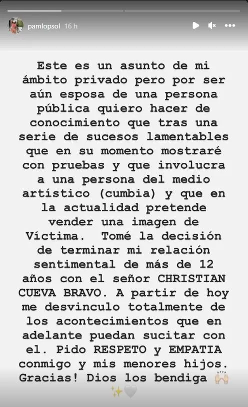 Comunicado de Pamela López anunciando su separación definitiva del futbolista Christian Cueva/Foto: Instagram