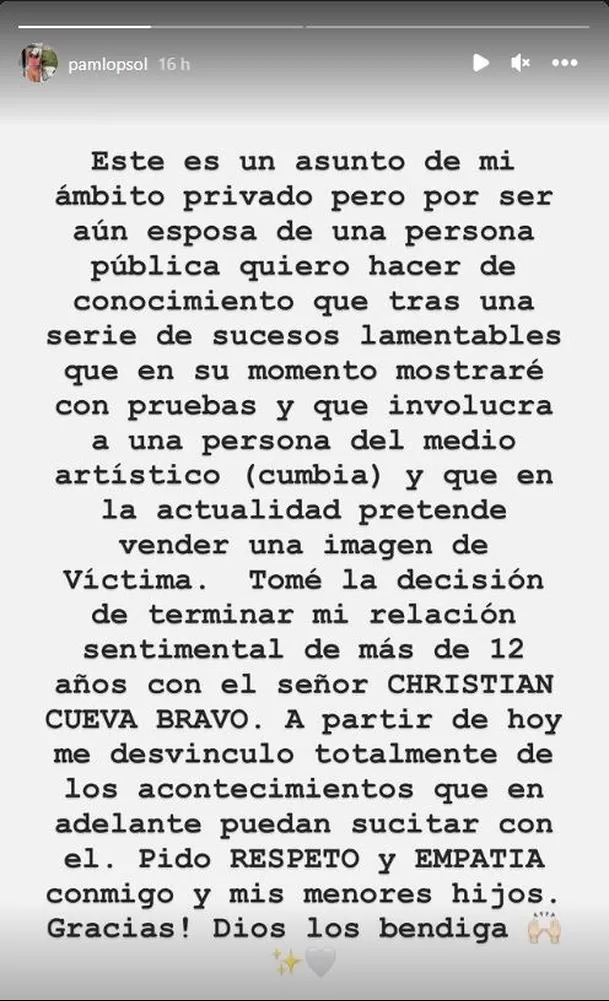 Comunicado de Pamela López anunciando su separación definitiva del futbolista Christian Cueva/Foto: Instagram