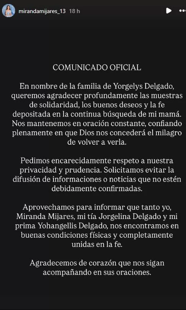 Comunicado de la hija de Yorgelis Delgado tras desaparición de la actiz a consecuencia de los terremotos en Venezuela / IG: @mirandamijares_13