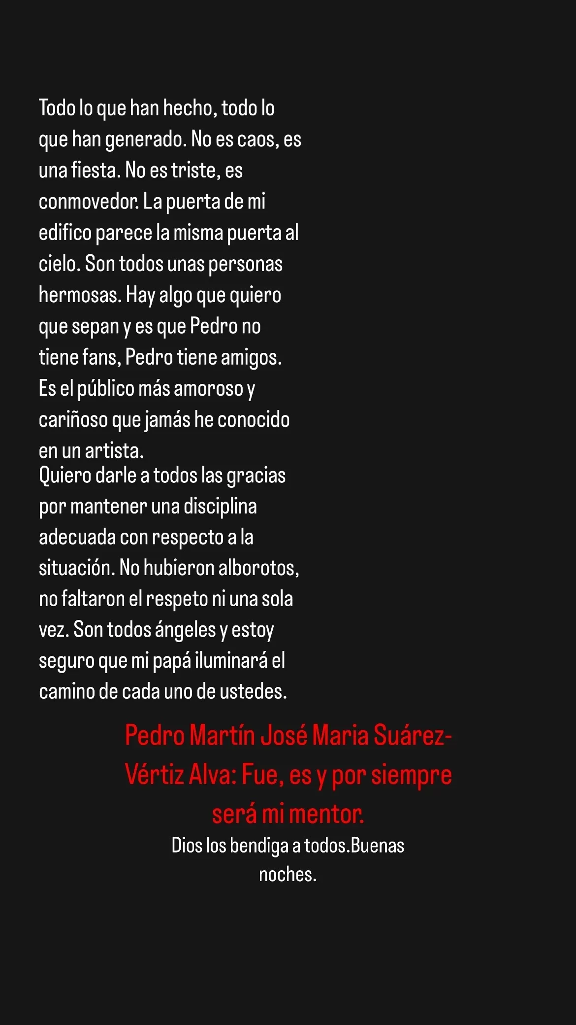 Mensaje escrito por Tomás Suárez Vértiz  dirigido a los seguidores de su fallecido padre/Foto: Instagram