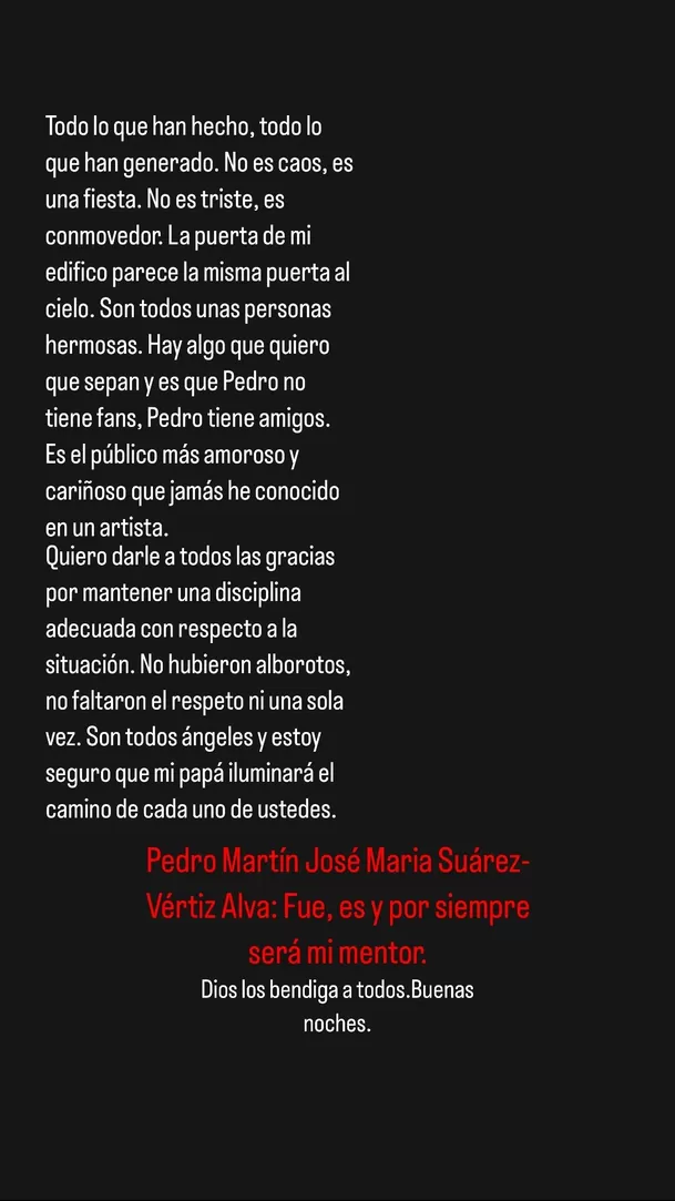 Mensaje escrito por Tomás Suárez Vértiz  dirigido a los seguidores de su fallecido padre/Foto: Instagram