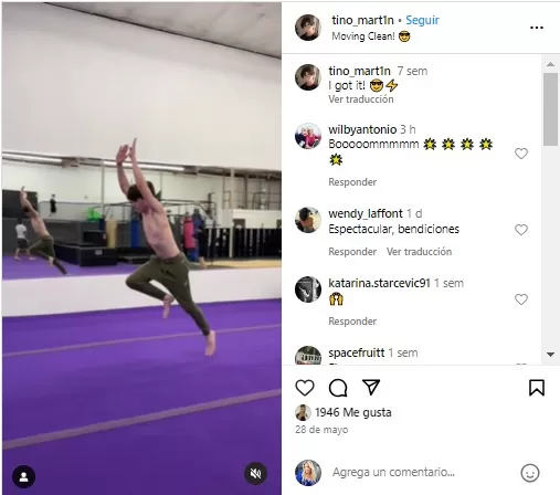 Valentino Martin también es gimnasta. Fuente: Instagram