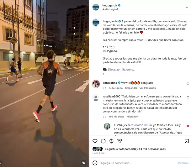 Usuarios arremeten contra Hugo García por romantizar el sobreesfuerzo físico en maratón. Foto: Instagram