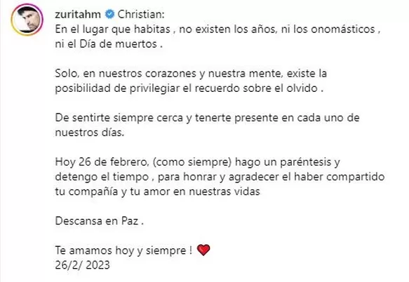 Humberto Zurita recordó a su esposa Christian Bach a cuatro años de su muerte