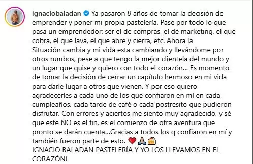 Ignacio Baladán anunció el cierre definitivo de su pastelería después de 8 años/Foto: Instagram