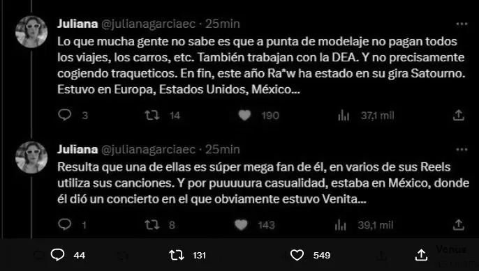 La usuaria Juliana García fue quien puso al descubierto la supuesta infidelidad de Rauw con la modelocolombiana Valeria Duque/ Foto: Twitter Juliana García