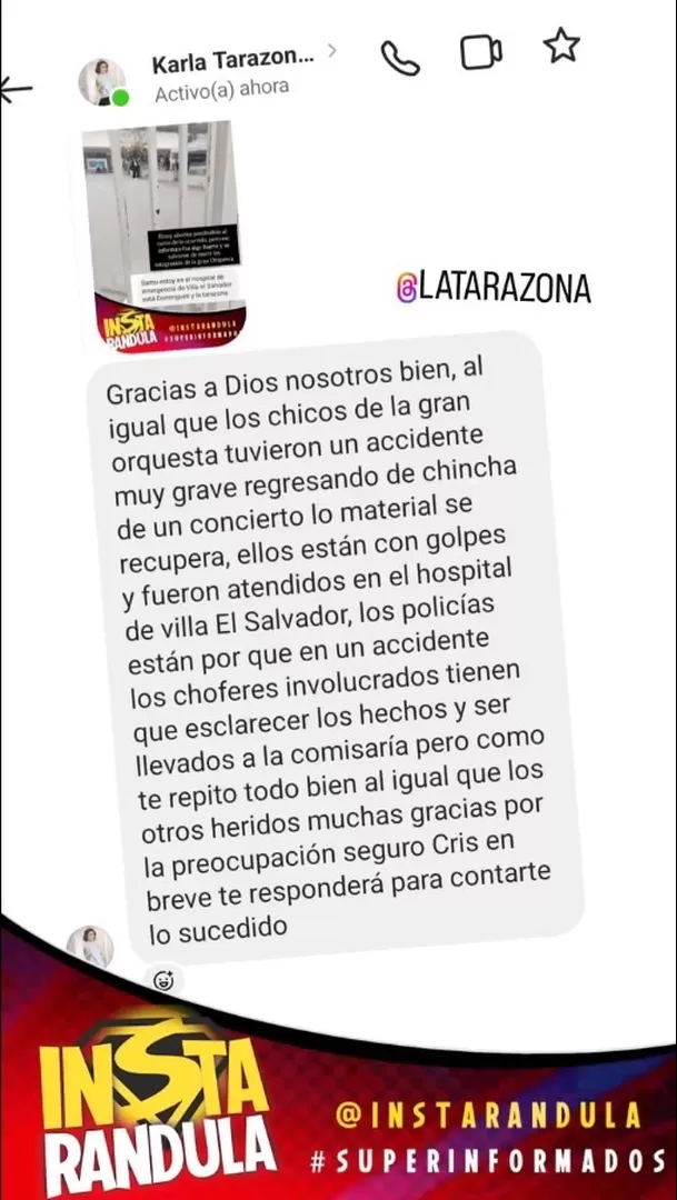 Mensaje de Karla Tarazona sobre el accidente de 'Gran Orquesta Internacional'/Foto: Instagram