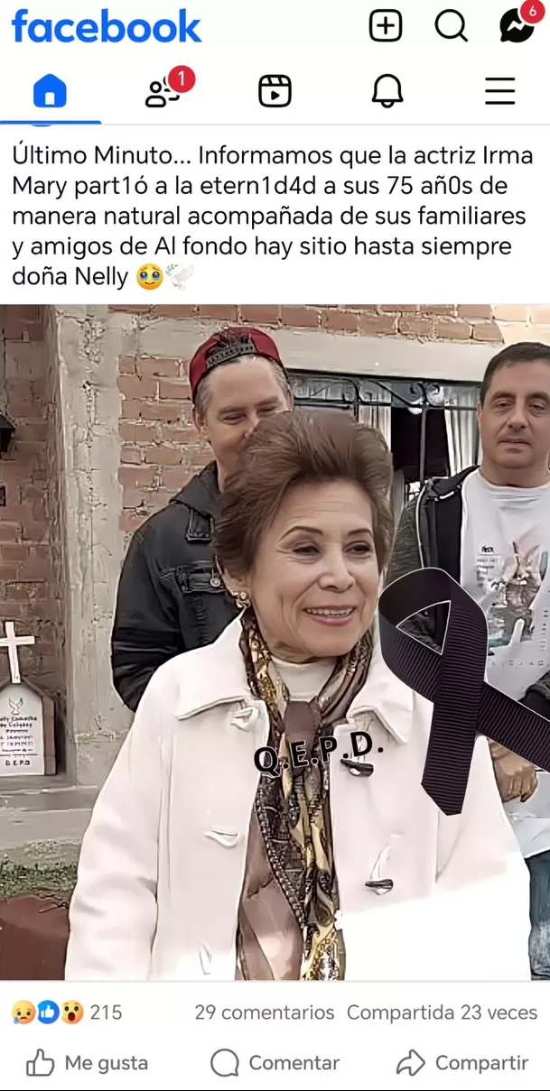 Publicación sobre la supuesta muerte de Irma Maury se viralizó rápidamente. Foto: Facebook Publicación sobre la supuesta muerte de Irma Maury se viralizó rápidamente. Foto: Facebook