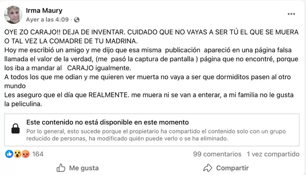 La contundente respuesta de Irma Maury frente a la difusión de falsa noticia. Foto: Facebook La contundente respuesta de Irma Maury frente a la difusión de falsa noticia. Foto: Facebook