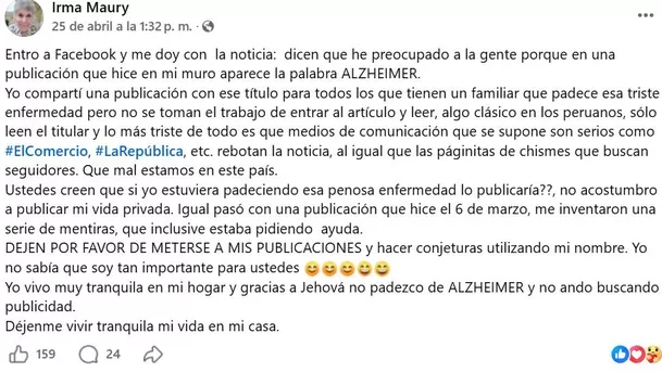 Irma Maury responde por su salud tras publicación sobre Alzheimer / Facebook