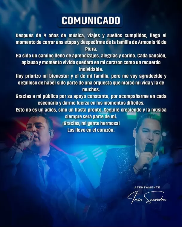 Irvin Saavedra, voz principal de la agrupación Armonía 10, anunció oficialmente su retiro/ Instagram