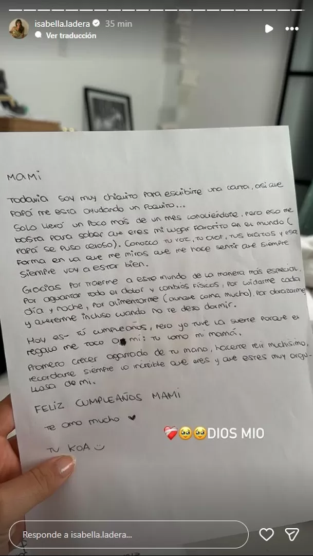 Isabella Ladera compartió en redes el tierno mensaje que recibió de su pequeño Koa por su cumpleaños/ Captura